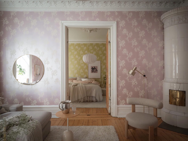 Женственный скандинавский интерьер с розовыми обоями (90 кв. м)