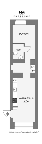 Маленькая квартира в Швеции с удлинённой планировкой и небольшой террасой (38 кв. м)