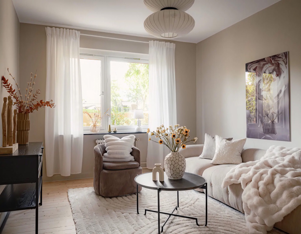 Тёплый монохромный интерьер бюджетной квартиры в Швеции (74 кв. м) Тёплый монохромный интерьер бюджетной квартиры в Швеции (74 кв. м)